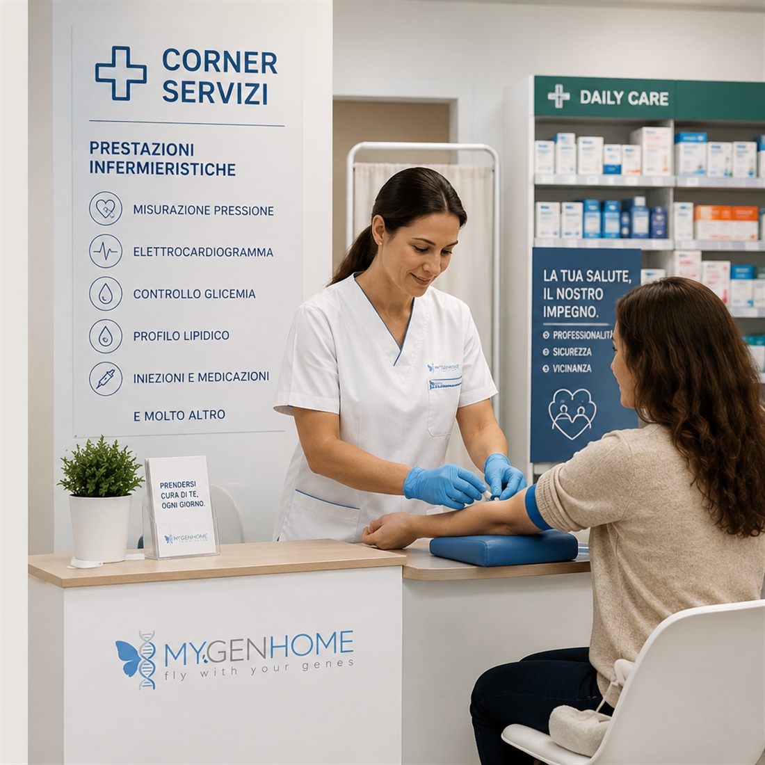 Infermiera durante una prestazione a un corner servizi in farmacia