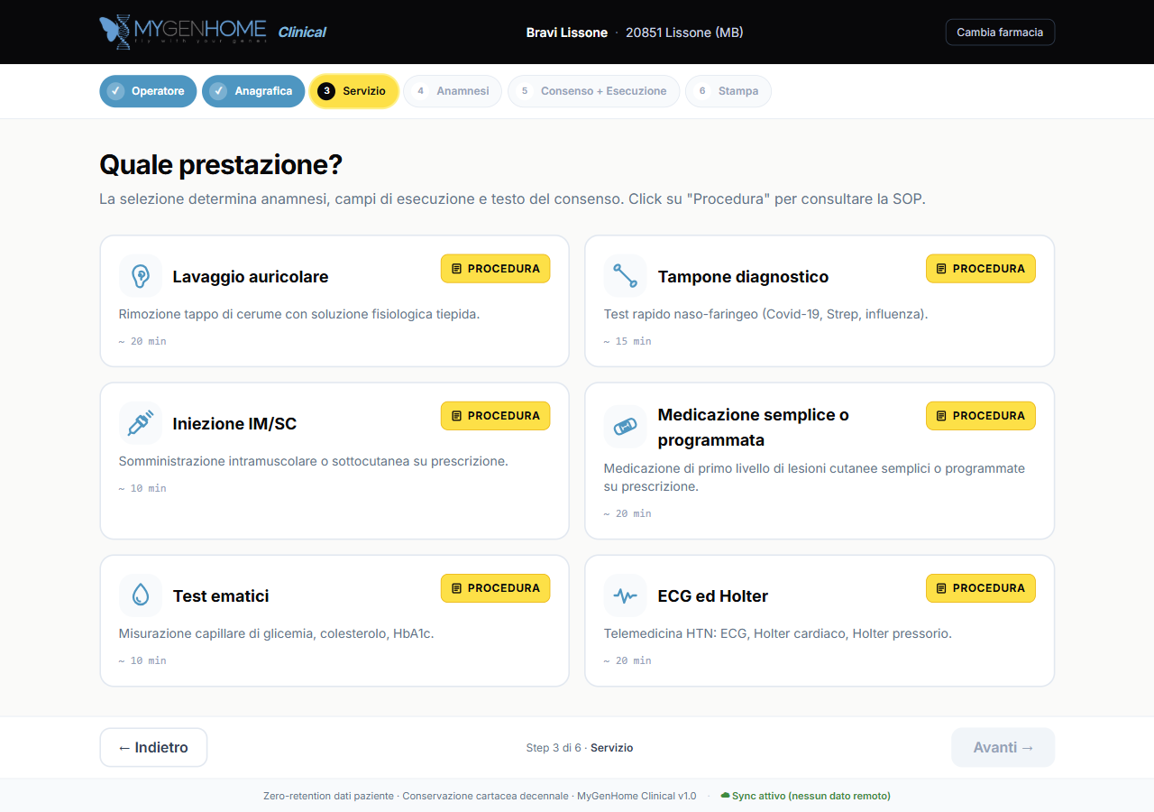 MyGenHome Clinical — scelta della prestazione clinica in farmacia